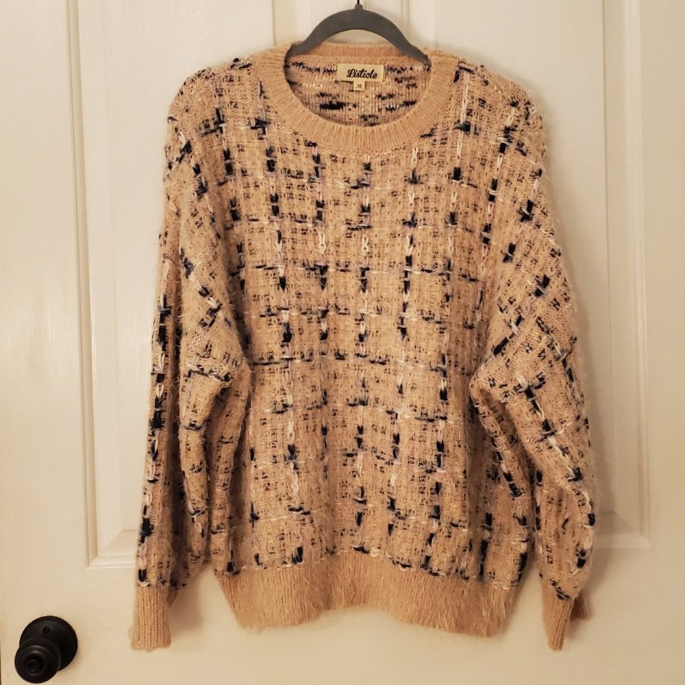 Pastel Pink Plaid Fuzzy Sweater - Size Large